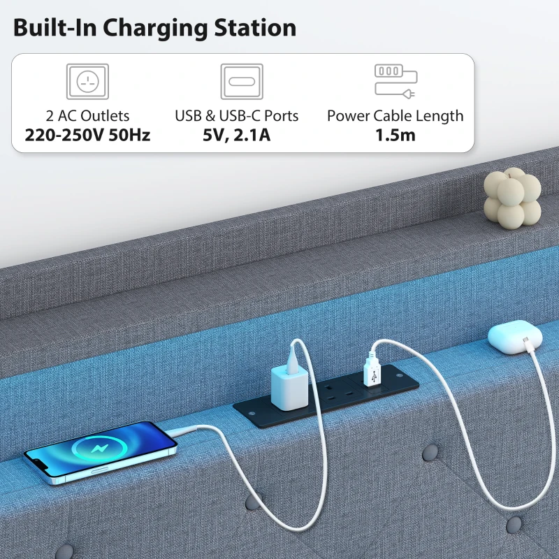 HOMCOM Floating Bed Frame, Upholstered 3ft Single Size Bed, Platform Bed with RGB LED Lights and Charging Station, Grey