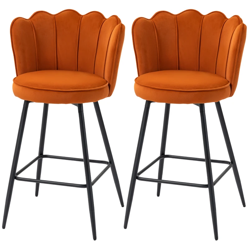 HOMCOM Set of Two Velvet-Feel Lotus Bar Stools - Orange