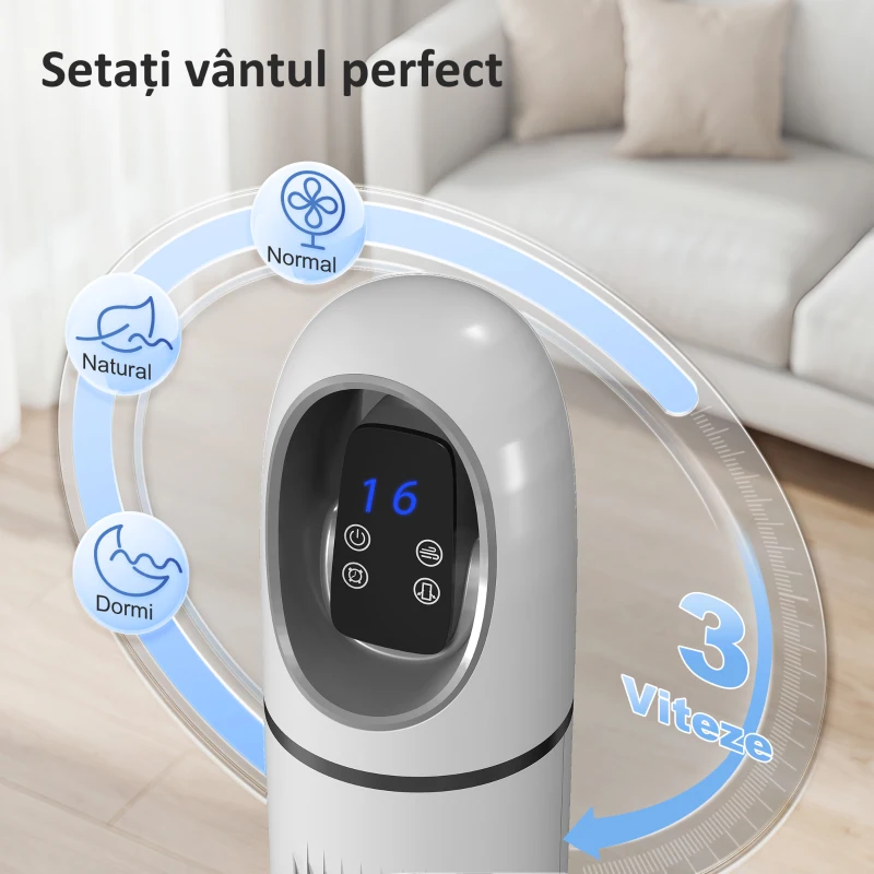 HOMCOM Ventilator Vertical pentru Dormitor, Ventilator Oscilant 70°, 4 Moduri, 3 Viteze, Timer 24 Ore, Display LED și Telecomandă, 110 cm, Alb
