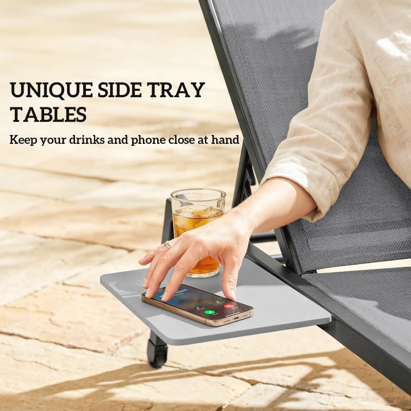 Outsunny Sun Loungers Set of 2 with Side Tray Table, Garden Recliners with 5-Position Adjustable Backrest, 2 Wheels, Grey