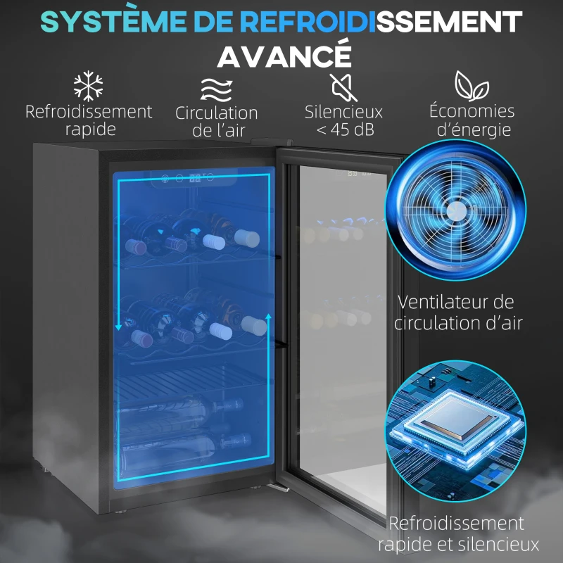 HOMCOM Cave à vin 24 bouteilles 68L, réfrigérateur à vin et boissons avec température réglable 4-16 °C, porte réversible, noir