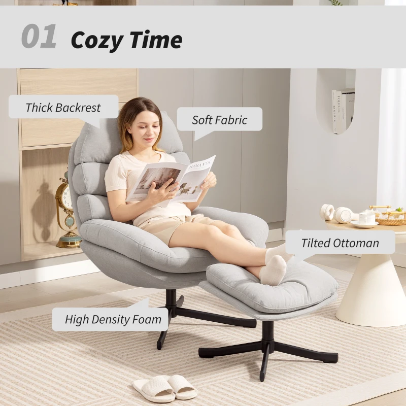 HOMCOM Fotel relaksacyjny z podnóżkiem, szerokie siedzisko z tkaniny Chenille, nowoczesny fotel do telewizji, 78 x 93 x 100 cm, kremowy