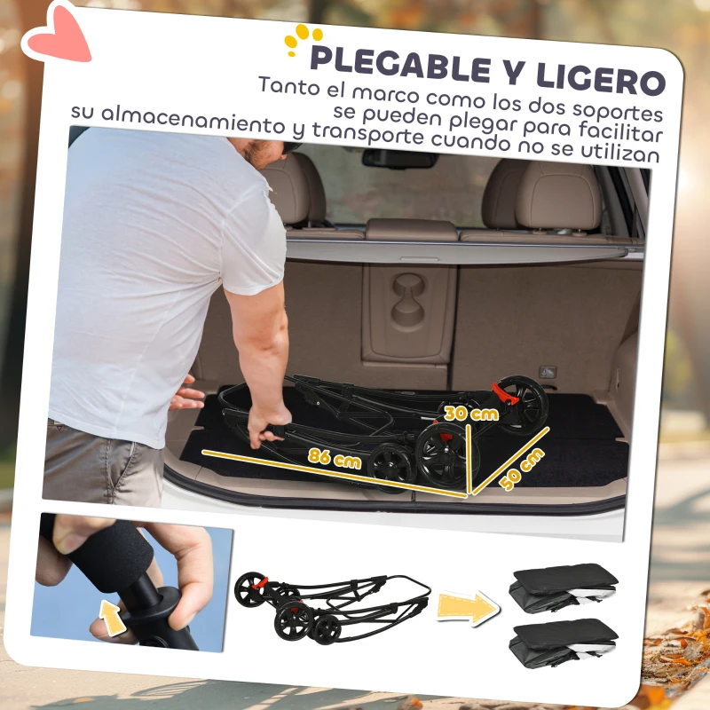 PawHut Carrito Doble para Perros Gatos Plegable con 2 Transportines Extraíbles con Cinturón y Cojines 66x50x98cm Gris Oscuro
