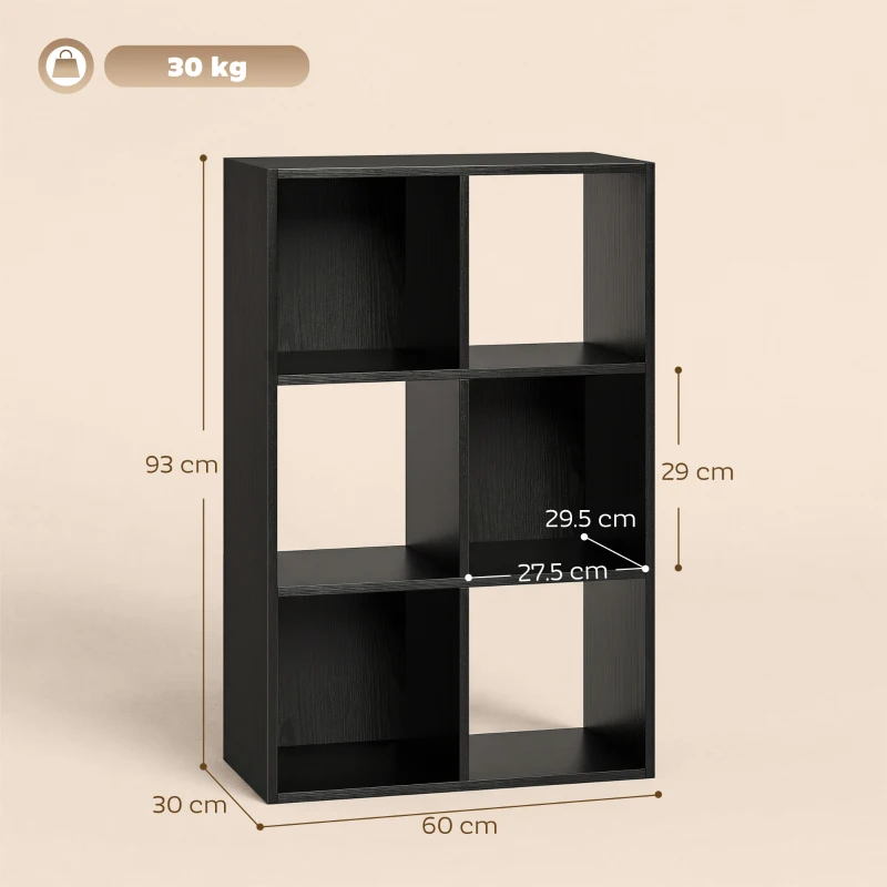 HOMCOM Industrial Style Storage Shelf, Bookcase, Bookshelf with 6 Compartments, for Living Room, Home Study, Black Wood Effect