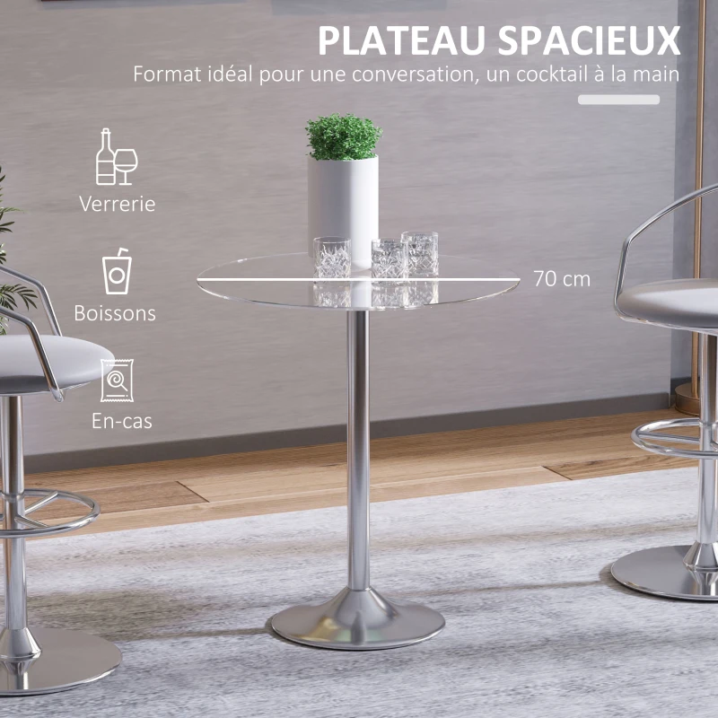 HOMCOM Table à manger ronde pour 2 personnes, table de cuisine moderne avec plateau en verre trempé et base en acier, argenté