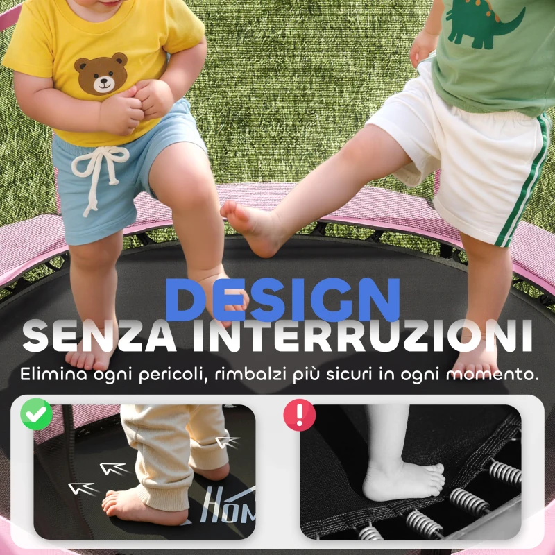 HOMCOM Tappeto Elastico per Bambini con Rete di Sicurezza e Pali Imbottiti Età 3-10 Anni, Ø140 x 190 cm, Rosa