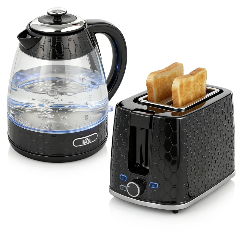 HOMCOM Kettle and Toaster Set, 1.7L 3000W Rapid Kettle with Limescale Filter, 2 Slice Toaster with 7 Browning Controls, Black