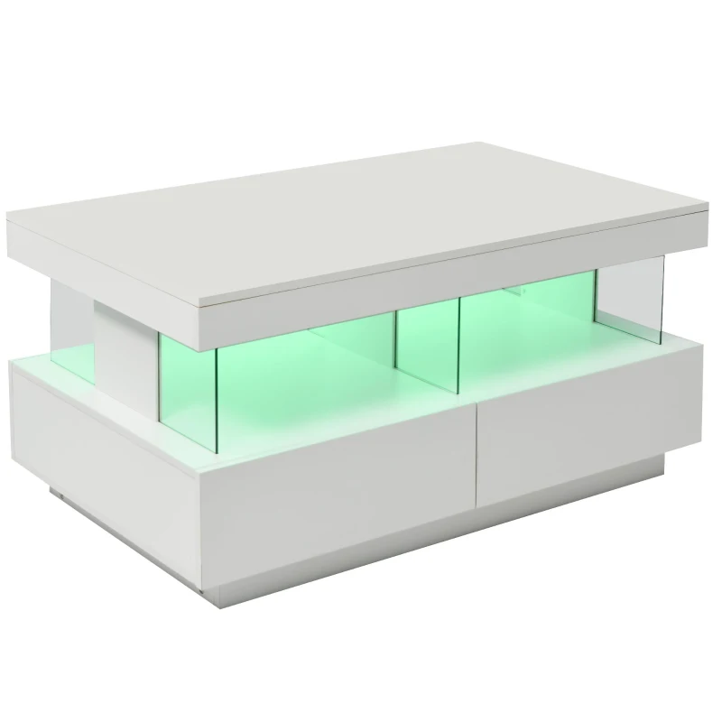 Tavolino da salotto moderno e lucido con illuminazione LED e 2 cassetti, 100x60x49.5 cm, Bianco