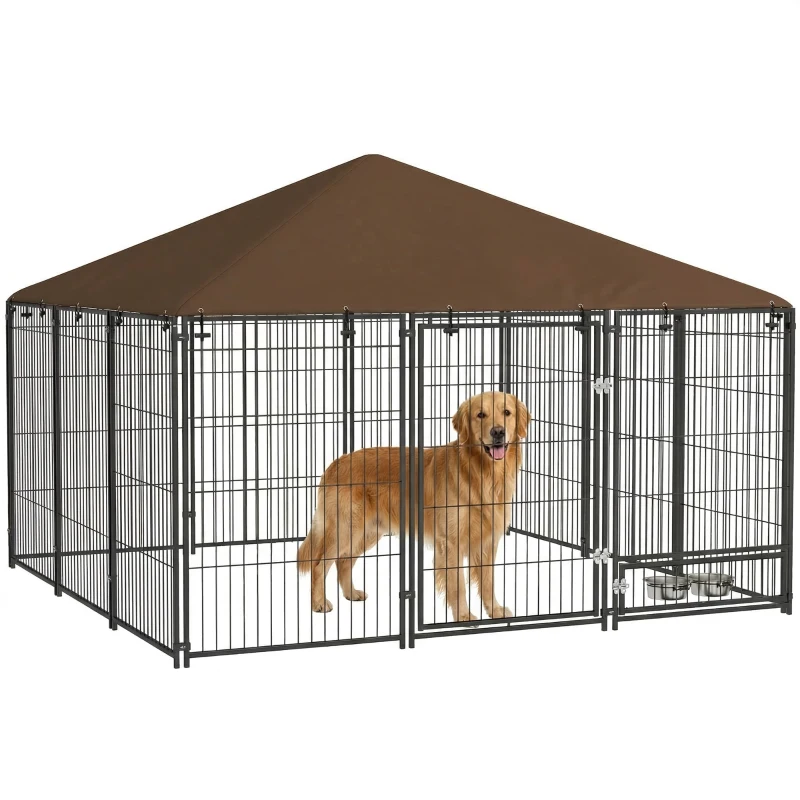 PawHut Chenil extérieur pour chiens en acier et tissu Oxford avec support gamelle toit 211 x 211 x 151 cm noir et café