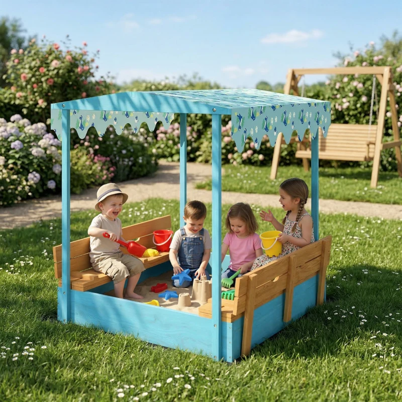 AIYAPLAY Arenero para niños 3-6 años con toldo de dinosaurios, asientos plegables, tapa y forro incluidos, arenero infantil de madera de abeto, 134.5x127.5x130 cm, Azul