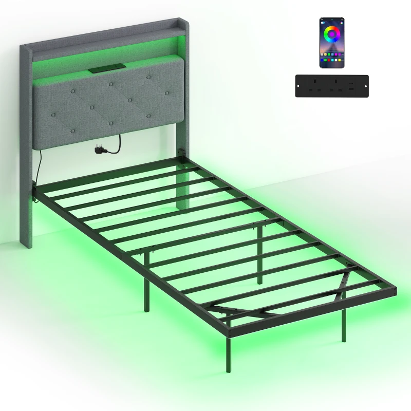 HOMCOM Floating Bed Frame, Upholstered 3ft Single Size Bed, Platform Bed with RGB LED Lights and Charging Station, Grey