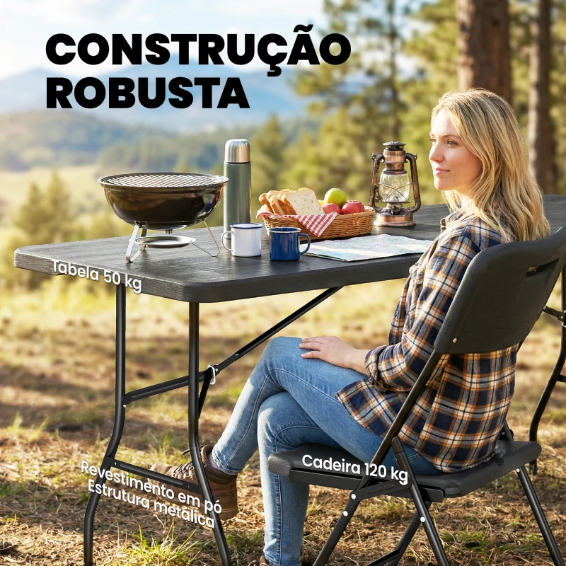Outsunny Conjunto de Campismo Dobrável de 5 Peças Mesa Dobrável de Campismo com Cadeiras Tampo Impermeável HDPE e Estrutura Metálica