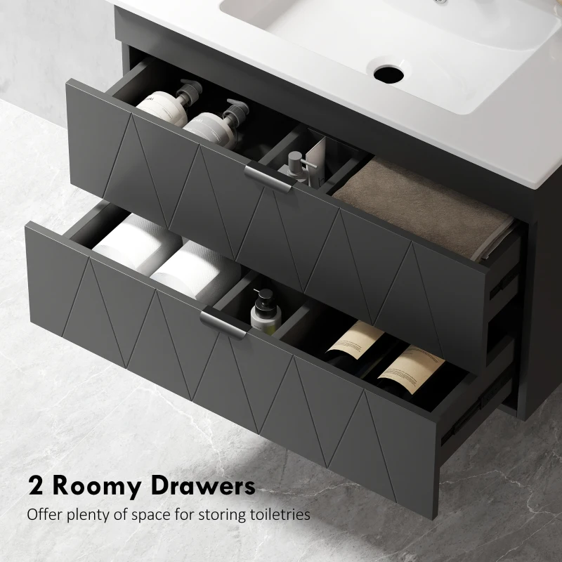 HOMCOM Szafka łazienkowa wisząca z umywalką ceramiczną, nowoczesna szafka pod umywalkę z 2 szufladami z cichym domykiem, czarna