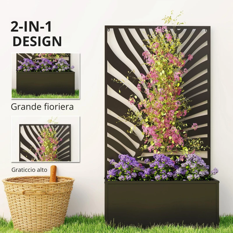 Outsunny Cassone rialzato con graticcio, fioriera in metallo con schermo, graticcio da giardino 61 x 23 x 113 cm