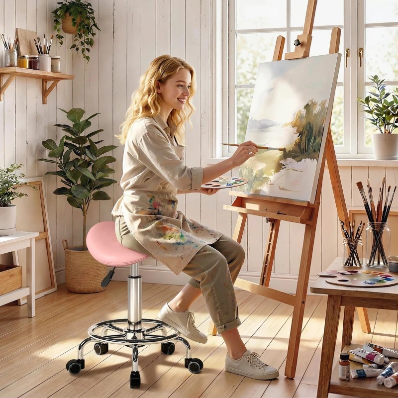 HOMCOM Salon Saddle Stool, Rolling Saddle Chair for Massage, Spa, Clinic, Beauty, Hairdressing and Tattoo, Pink