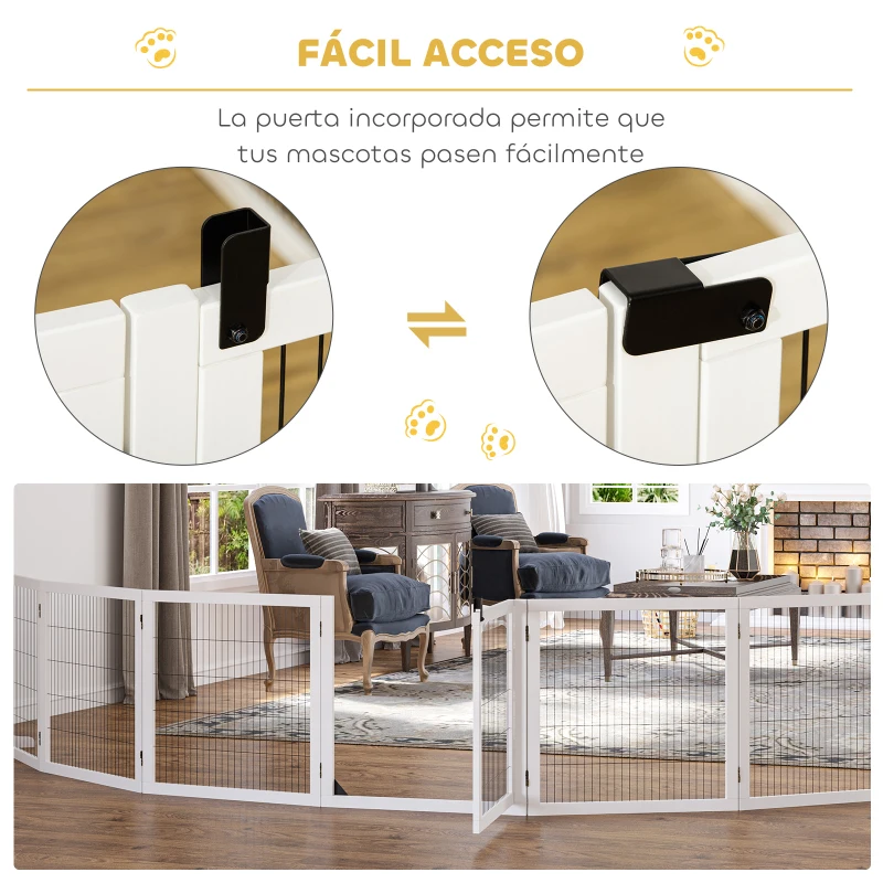 PawHut Barrera de Seguridad para Perros Plegable de Madera para Escaleras y Puertas con Soporte de Pie 432x36x70 cm Blanco