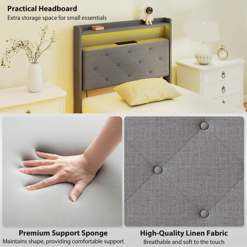 HOMCOM Floating Bed Frame, Upholstered 3ft Single Size Bed, Platform Bed with RGB LED Lights and Charging Station, Grey