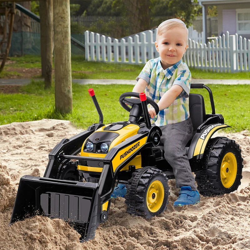 HOMCOM Tracteur électrique Enfant - tractopelle Enfants 6V - V. Max. 2,5 Km/h - Effets Lumineux sonores - Pelle Manuelle - métal PP Noir Jaune(m-10)