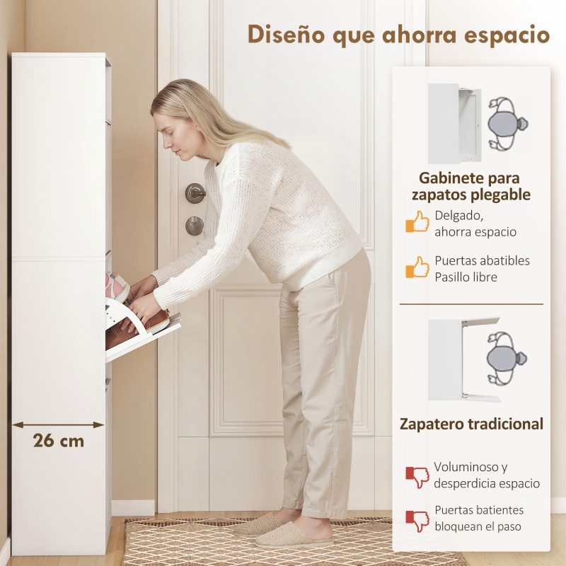 HOMCOM Zapatero Estrecho con 3 Cajones Abatibles Estantes Ajustables y Compartimento Abierto Capacidad para 12-18 Pares Blanco