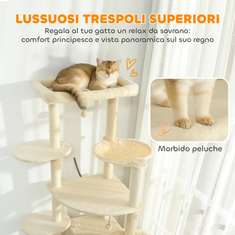 PawHut Albero per Gatti Alto 200 cm Multilivello con 2 Casette, 2 Lettini e Amaca, Struttura per 2-3 Gatti, Beige