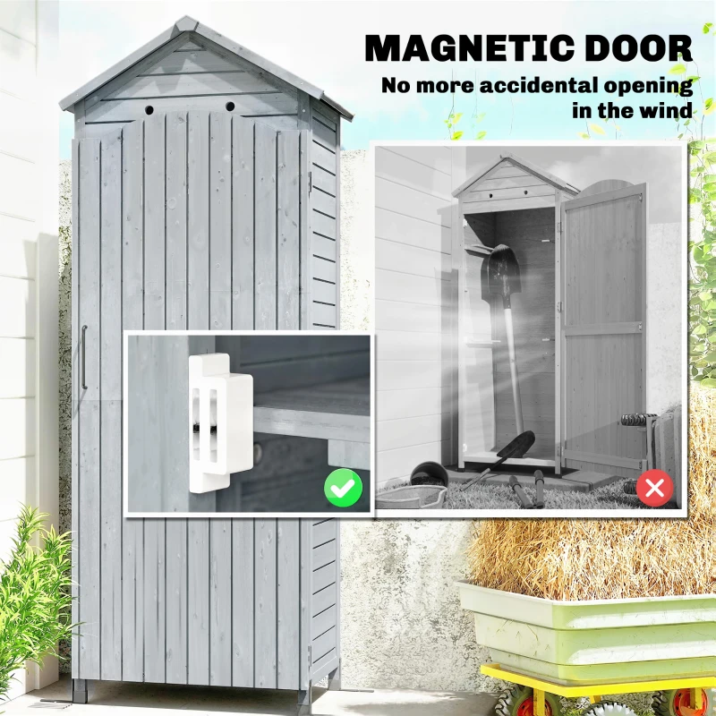 Outsunny Dulap grădină din lemn, magazie înaltă pentru unelte cu raft reglabil, ușă magnetică, acoperiș galvanizat, ventilație