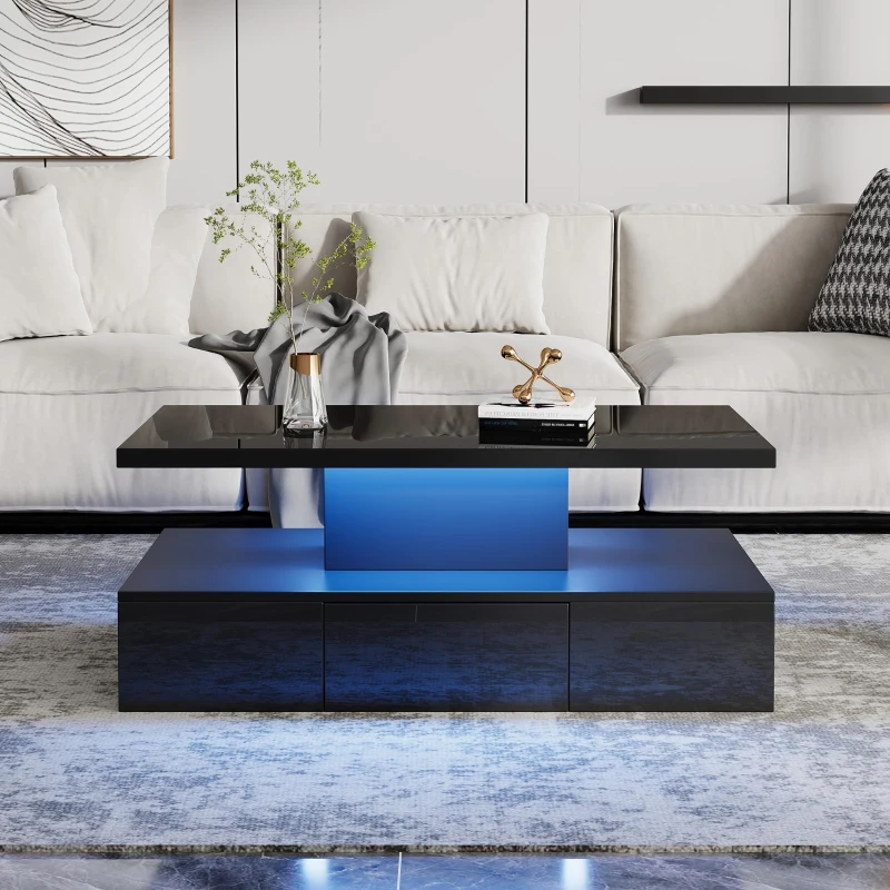 Tavolino da salotto a 2 livelli con luce LED a 16 colori, ripiano aperto e cassetto, 100x50x39 cm, Nero