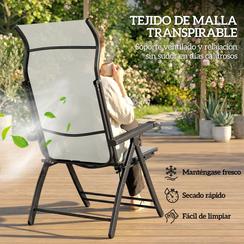 Outsunny Pack de 2 Sillas Plegables Reclinables de Jardín Exterior con Respaldo Alto Ajustable en 5 Posiciones Reposapiés Gris