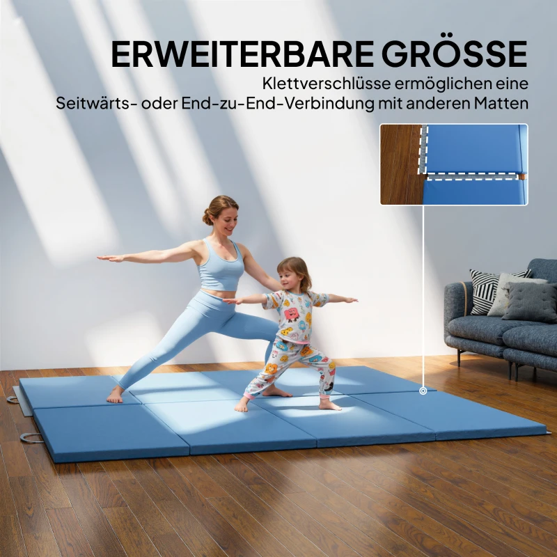 HOMCOM Trainingsmat, opvouwbare fitnessmat sportmat met handgrepen voor yoga, MMA, fitness, pilates 240 x 120 x 5 cm lichtblauw