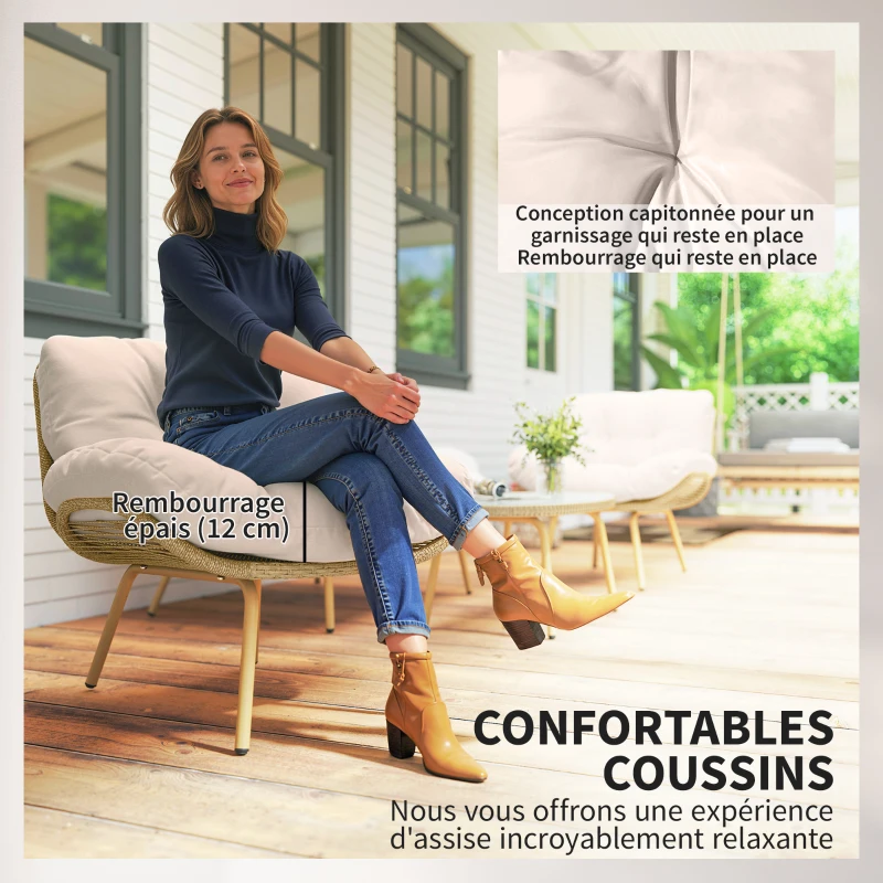 Outsunny Salon de Jardin 4 Pièces en Résine Tressée Coussin 12 cm Ultra Épais Canapé 138 cm 2 Fauteuils et Table Basse Beige