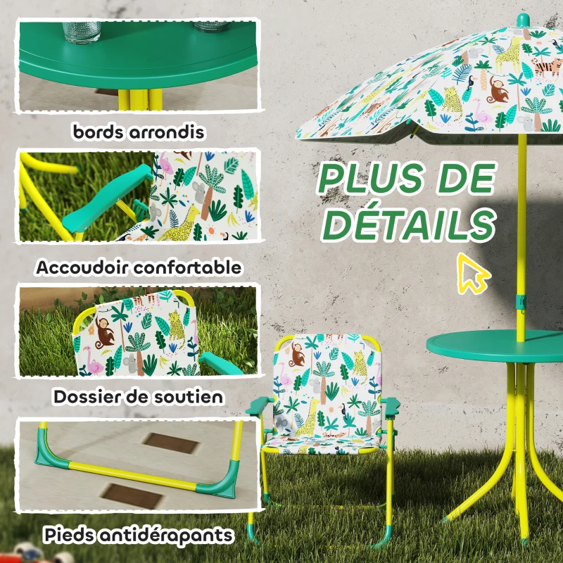 AIYAPLAY Ensemble Salon de Jardin Extérieur Enfant avec 2 Chaises Pliantes et Parasol, Thème Jungle, pour Jardin, Terrasse, Vert