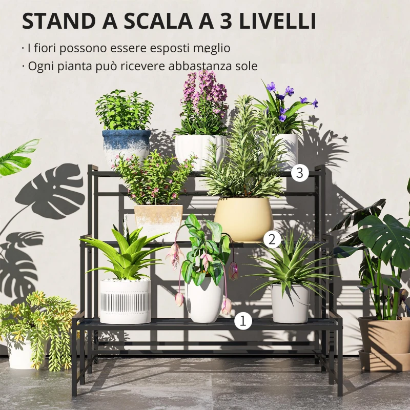 Outsunny Supporto per Piante a Tre Livelli con Design a Scala e Struttura Metallica Resistente per Interno ed Esterno
