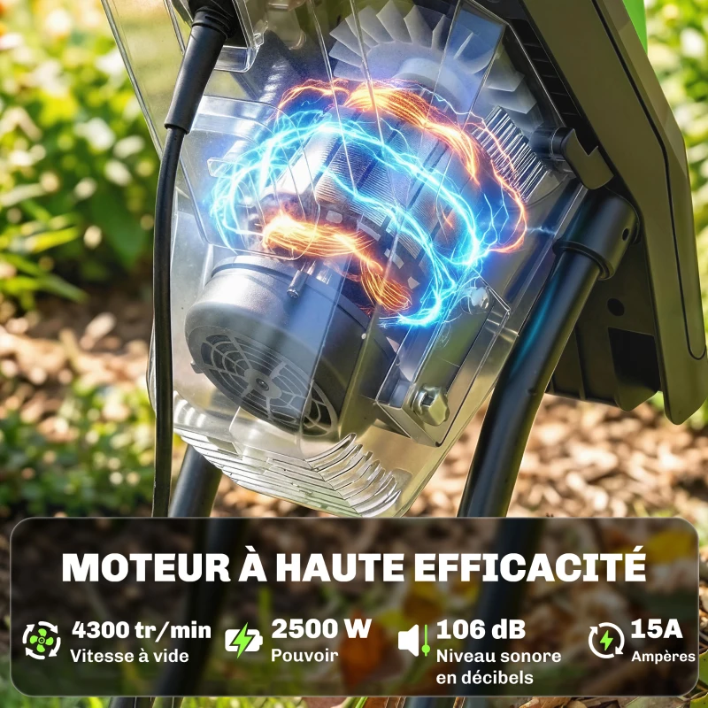 Outsunny Broyeur de Végétaux Électrique 2500 W, Broyeur de Branches avec Sac de Collecte 45L, 4300 tr/min, 44x34x96cm, Vert