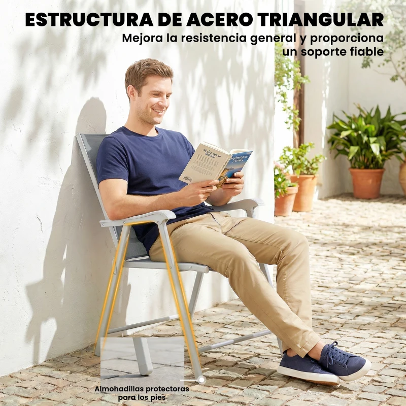 Outsunny Conjunto de 4 Sillas de Jardín Exterior Plegables con Respaldo Alto y Reposabrazos para Terraza Playa 58x62x97 cm Gris