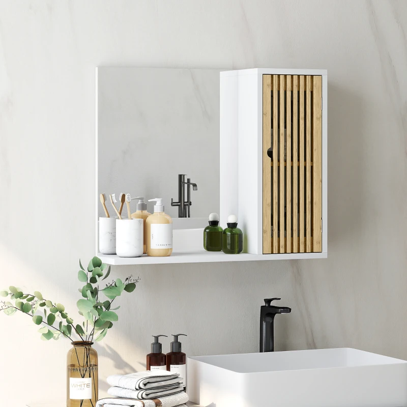 HOMCOM Espejo de Baño 60x50 cm Espejo de Pared con Puerta de Listones de Bambú Estantes de Almacenaje Blanco y Natural