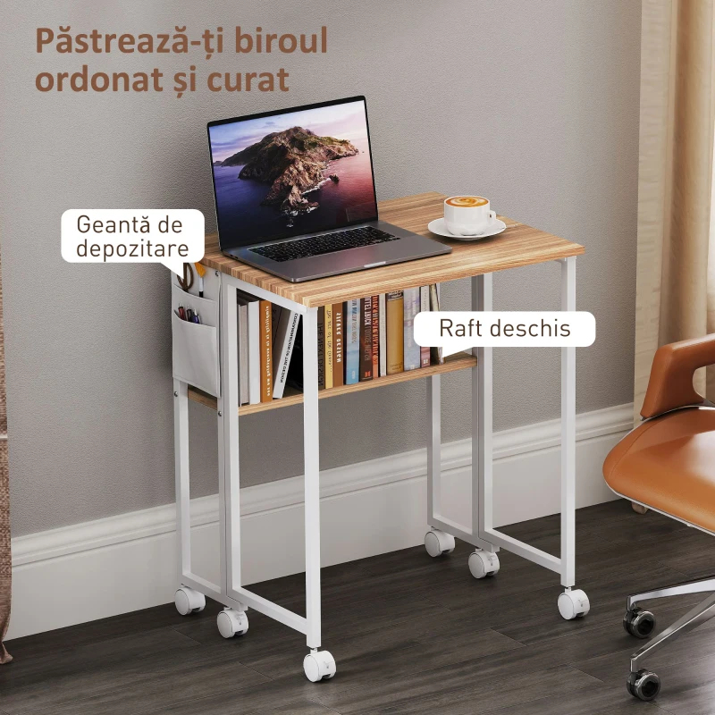 HOMCOM Birou Pliabil de 80 cm cu Raft de Depozitare și Blat Rabatabil pe Roți - Alb