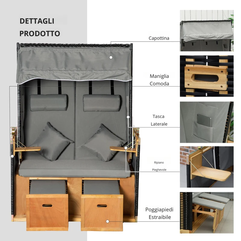 Outsunny Sedia da Spiaggia per 2 persone, con Cuscini, Resistente alle Intemperie, Grigio Chiaro