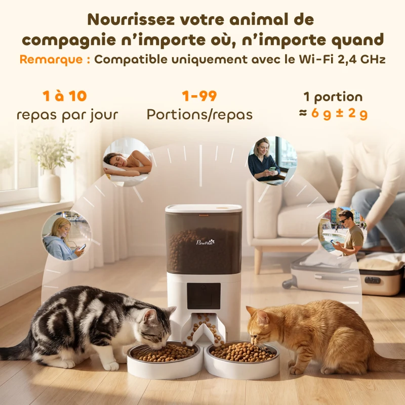 PawHut Distributeur Croquettes Chat Automatique 2 Animaux 6L Double Bol Inox WiFi Tuya App ABS 37x36x35cm Blanc