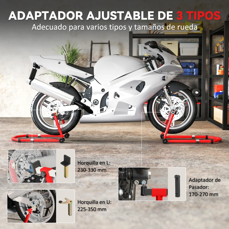HOMCOM Soporte de Rueda Delantera y Trasera Motocicleta Convertible Carga 390 kg con Adaptadores de Horquillas en U y L Ruedas