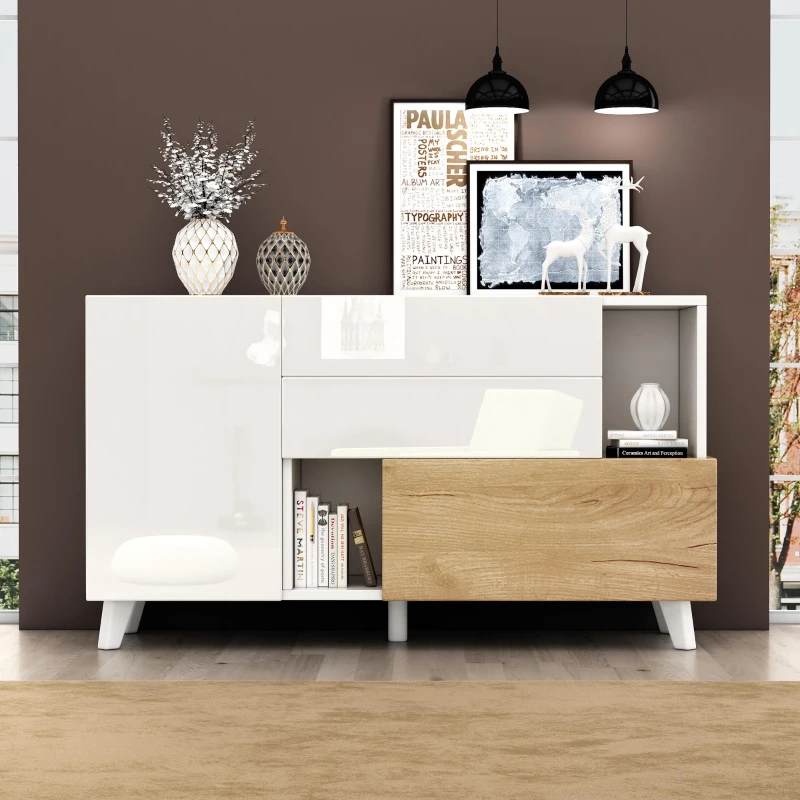 Credenza moderna con spazio contenitore, in Truciolato, 130x40x70 cm, Bianco e color Legno