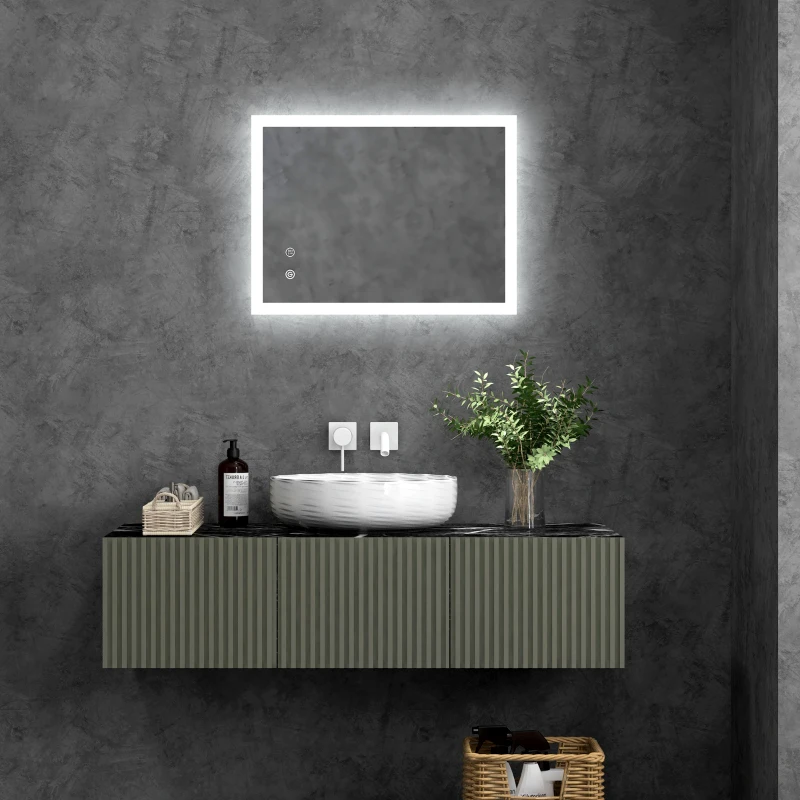 kleankin Espelho Casa de Banho com Luzes LED 70x50 cm Função Antiembaciamento 3 Cores Função de Memória e Interruptor Tátil Prata