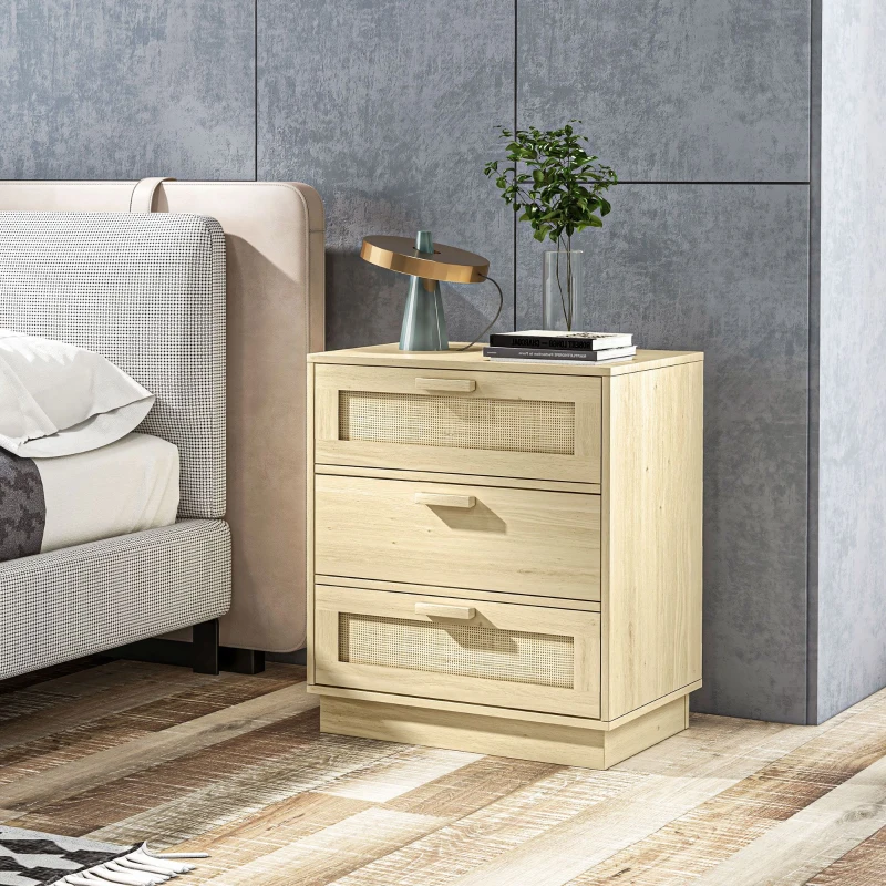 HOMCOM Commode design bohème en rotin avec 3 tiroirs, meuble de rangement pour le salon, le couloir, l'entrée, bois naturel