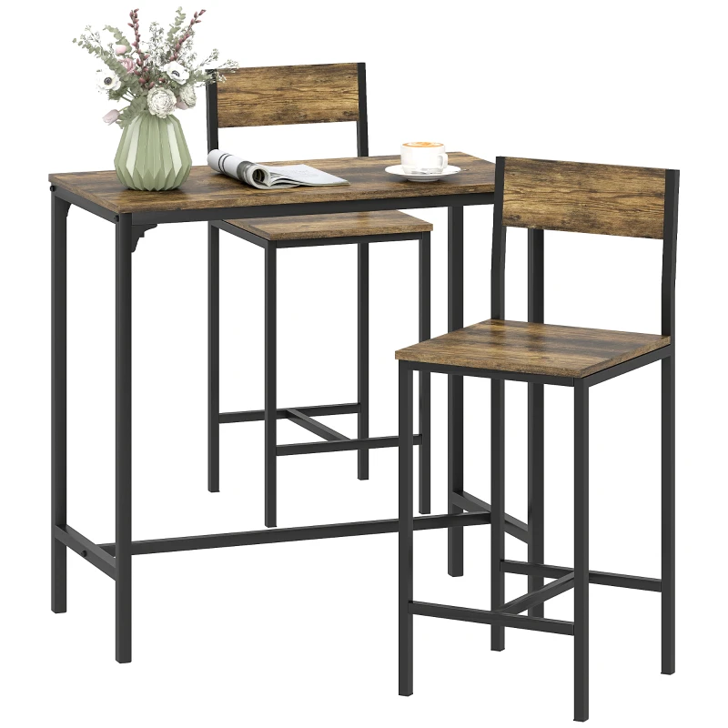 HOMCOM 3-Piece Bar Table Set with 2 Stools, Industrial Breakfast Bar Set with Footrest, Backrest for Dining Room, Small Space