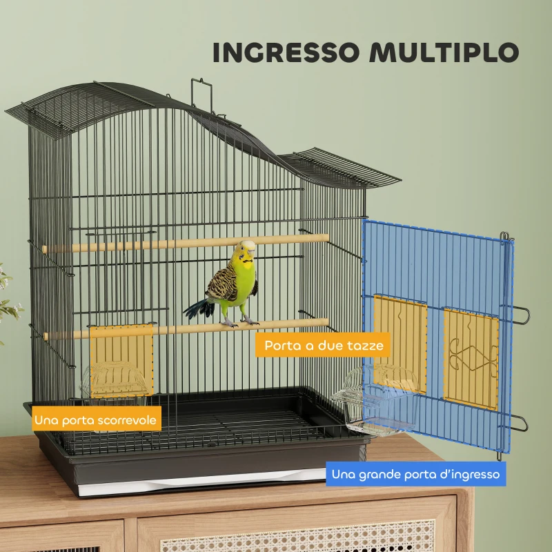PawHut Gabbia per Uccelli a 4 Porte con 2 Ciotole, 2 Posatoi e Vassoio, in Metallo e Plastica, 47.5x36x54.5 cm, Nero