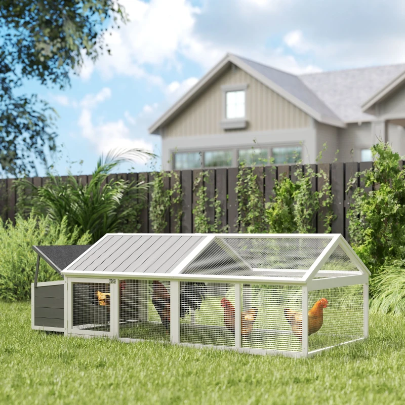 PawHut Poulailler pour poules cage à poule avec nichoir porte et toit ouvrable pour 4 et 8 poules 240 x 112,5 x 76 cm blanc