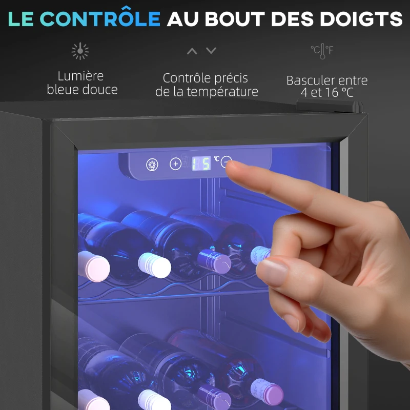 HOMCOM Cave à vin 24 bouteilles 68L, réfrigérateur à vin et boissons avec température réglable 4-16 °C, porte réversible, noir