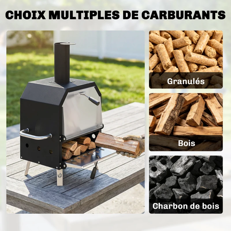 Outsunny Four à Pizza Extérieur à Bois et Charbon 2 Étages Combiné Barbecue Fumoir Pierre de 30 cm et Pelle Portable Noir