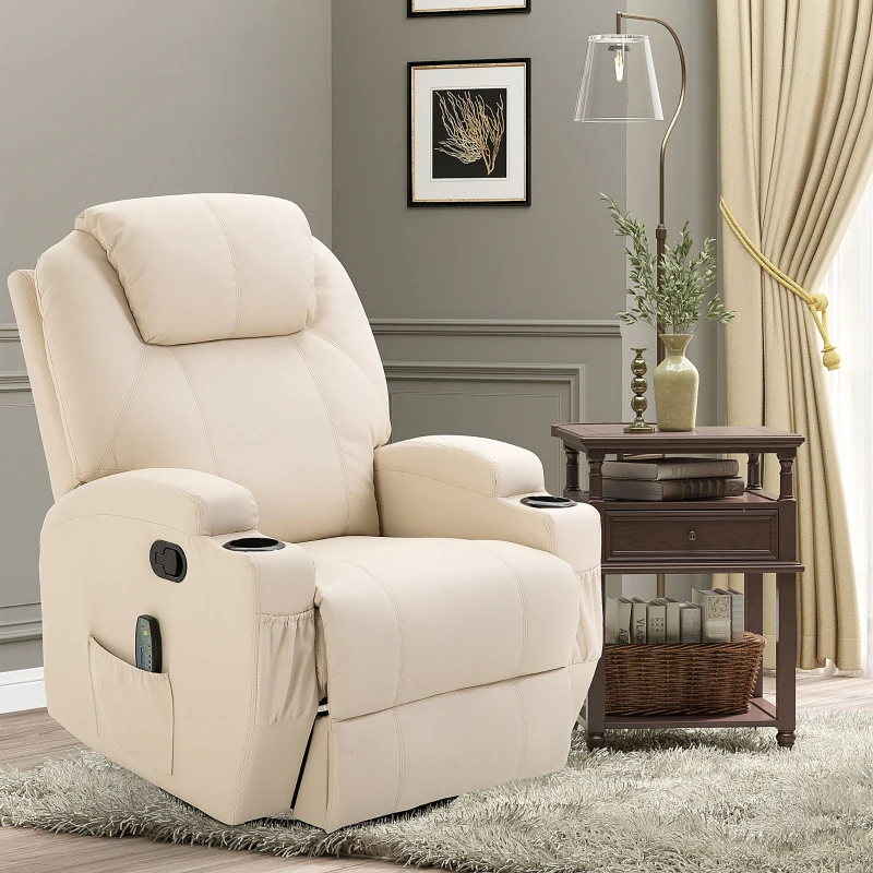 HOMCOM Fauteuil de massage inclinable, fauteuil de relaxation, dossier et repose-pieds réglable, 84 x 92 x 109 cm, crème