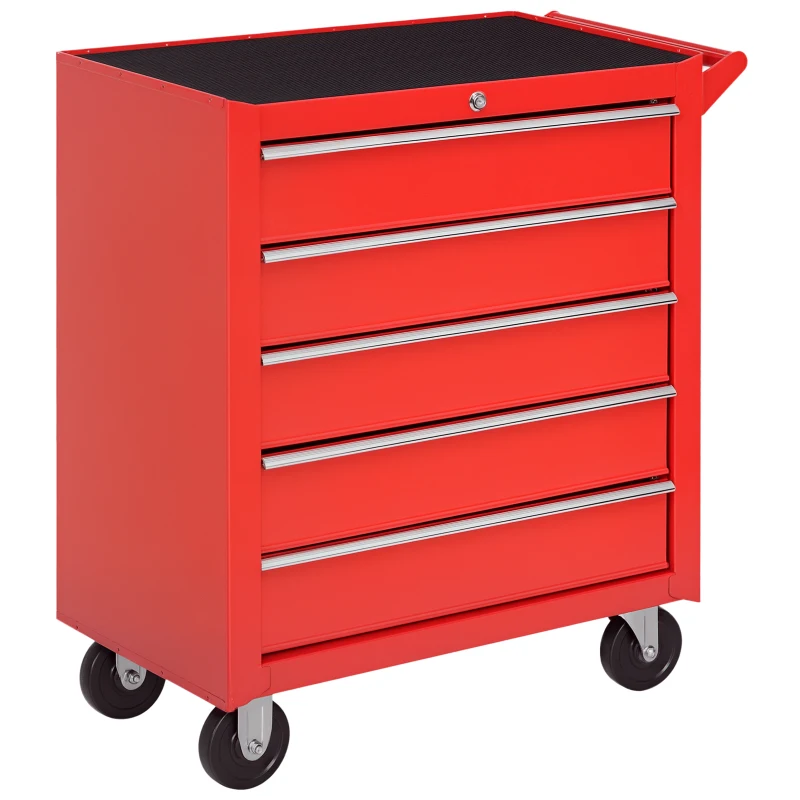HOMCOM Carrello Porta Attrezzi a 5 Cassetti con Serratura, 4 Ruote e Maniglia, Carrello Officina in Acciaio 69x33x75cm, Rosso