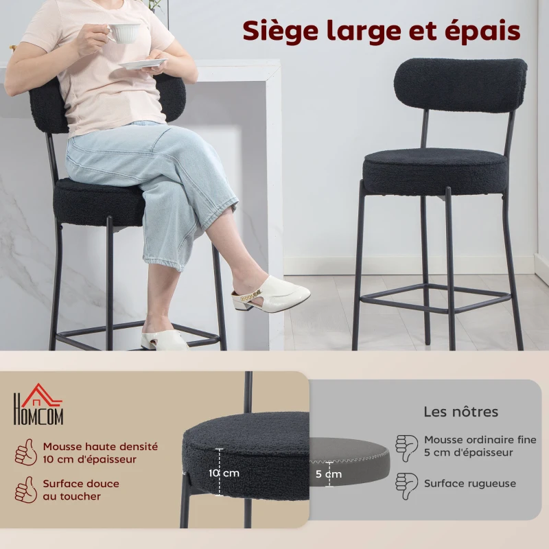 HOMCOM Lot de 2 tabourets de bar en tissu bouclette, chaises de bar avec dossier courbé, repose-pieds, 49x52x95cm, noir