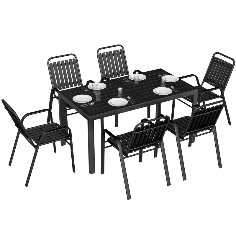 Outsunny 7 Pieces Outdoor Dining Set with Umbrella Hole, Garden Table and Chairs Set for 6 with Metal Table and Stackable Chairs
